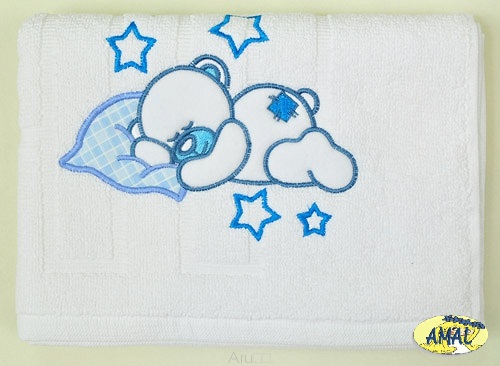 AMAL uteráčik s výšivkou, vzor MACKO II, modrý, 55x72 cm
