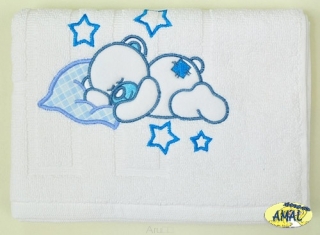 AMAL uteráčik s výšivkou, vzor MACKO II, modrý, 55x72 cm