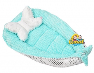AMAL SET: obojstranné hniezdo + vankúšik motýlik MINKY, mäta+čierne bodky